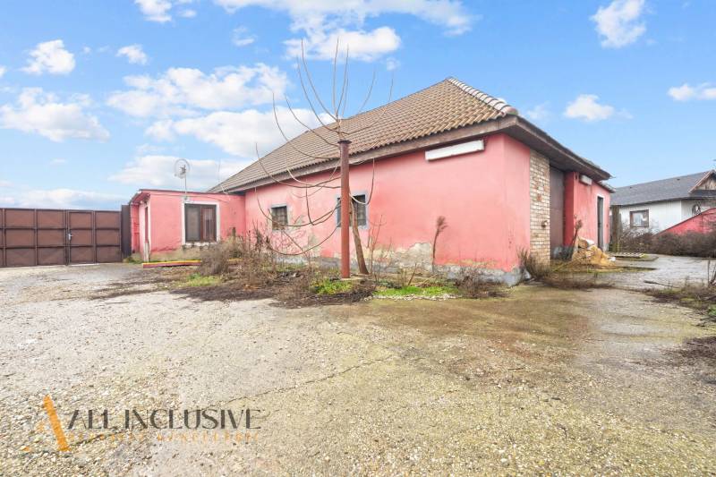 A family house in Šintava with a pink facade, a sloped roof, and a spacious yard.