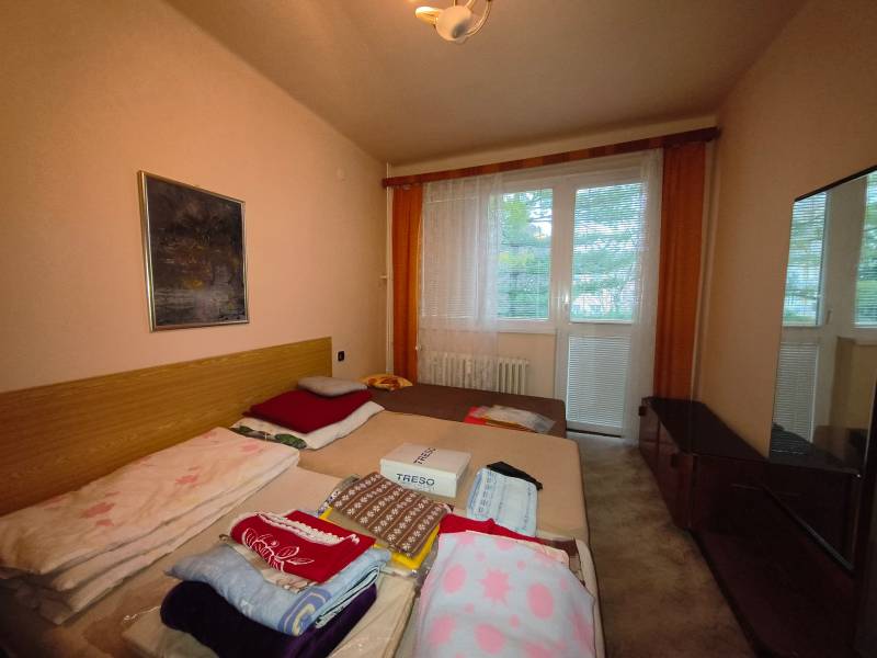 Bedroom in a 3-room apartment with a bed, a painting, and a large window with a view.