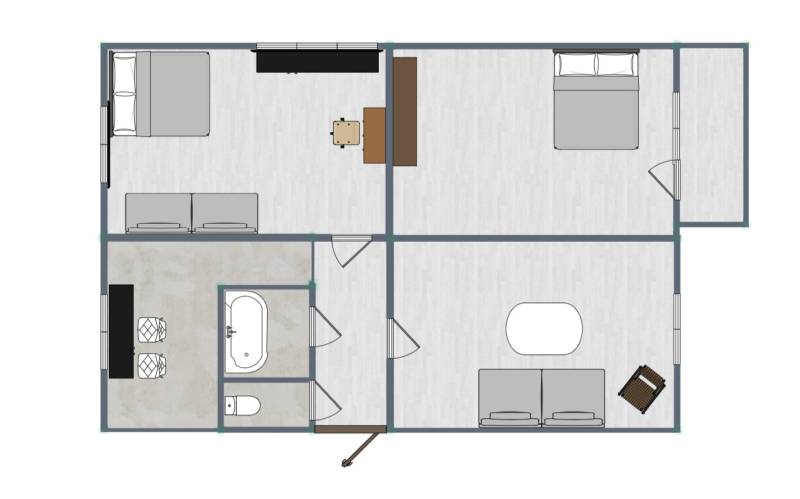 Floor plan of a 3-room apartment: two bedrooms, living room, kitchen, and bathroom.