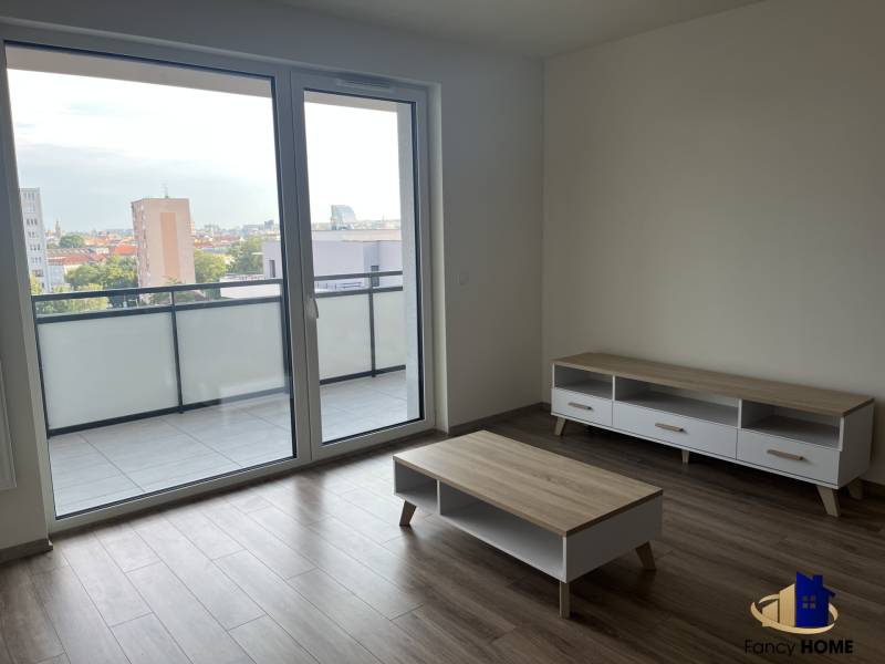 Living room in a two-room apartment with a wood-patterned floor and a large balcony window.
