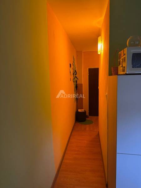 A narrow hallway in a one-room apartment with a wooden decor floor and soft lighting.