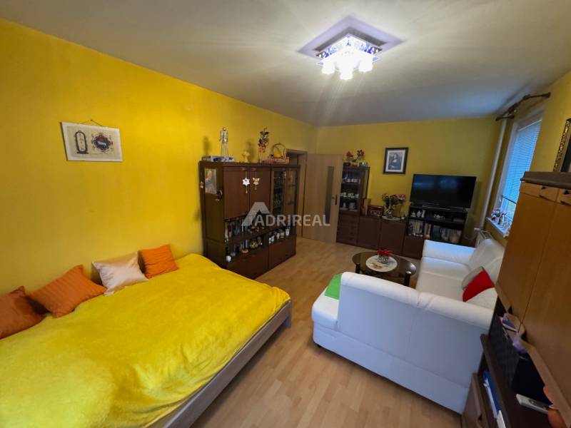 Living room in a studio apartment with a white sofa and wood-patterned flooring.