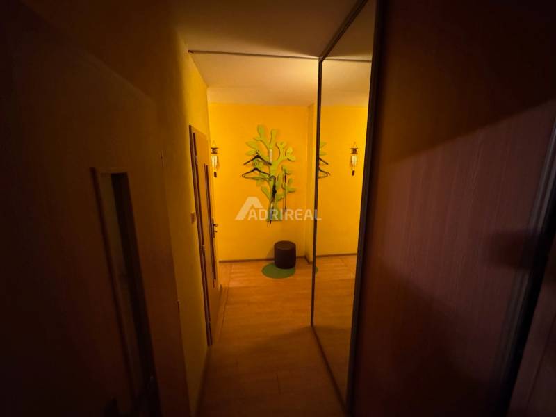 A narrow hallway with a wooden decor floor, mirrored wardrobe, yellow walls, decorative coat rack.