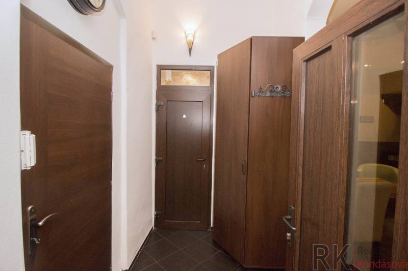 Hallway of a 2-room apartment with dark doors and storage cabinets.