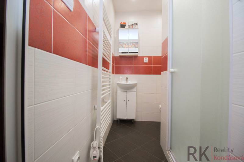 A bathroom in a 2-room apartment with a shower, white sanitary ware, and red tiles.