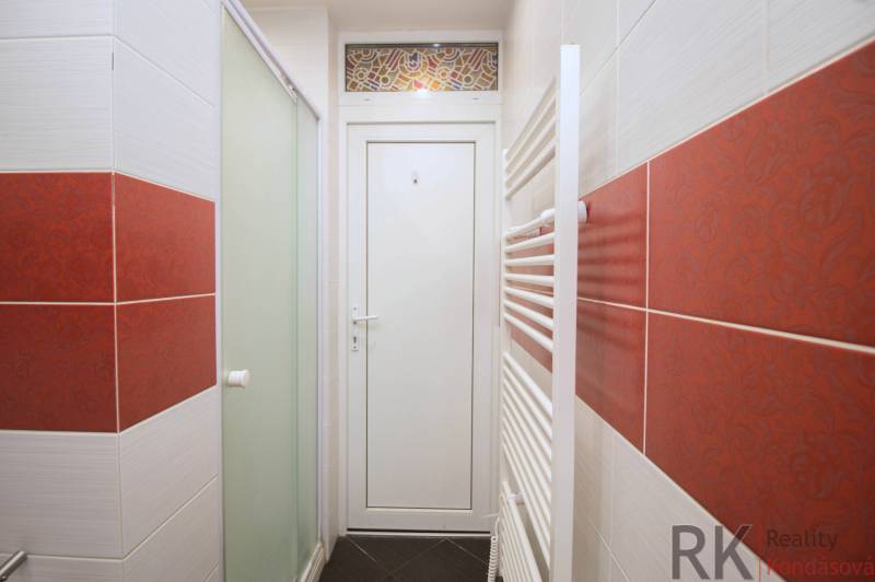 A bathroom in a 2-room apartment with red tiles and white doors.