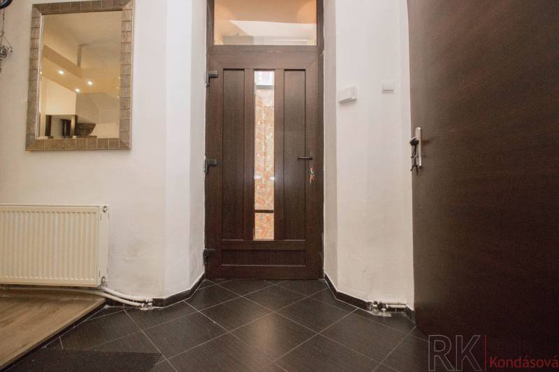 Entrance hallway with dark doors, a mirror, and a radiator in a 2-room apartment.