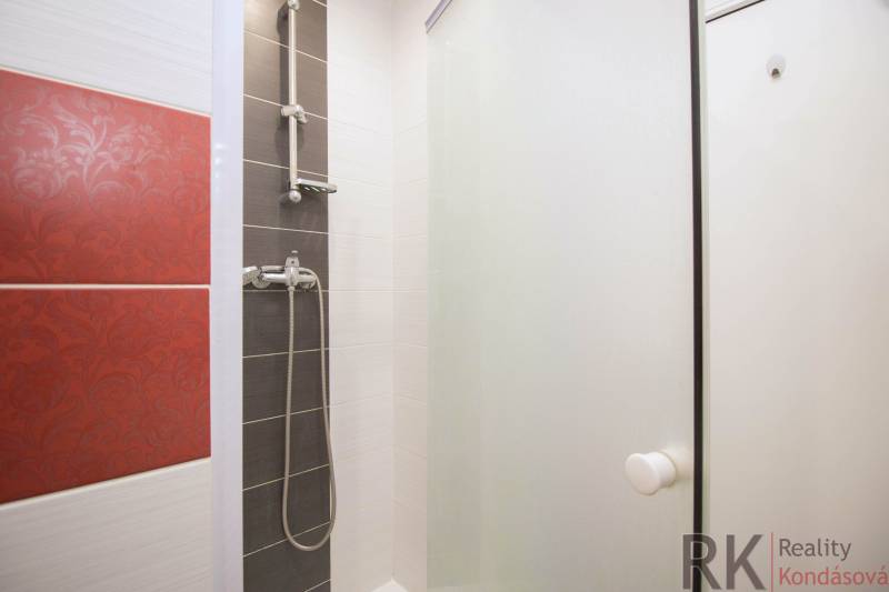 A shower corner with red and gray tiles in a 2-room apartment.