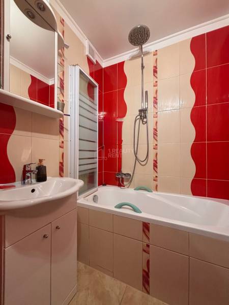 A bathroom in a 2-room apartment with a bathtub, sink, shower corner, and red tiles.