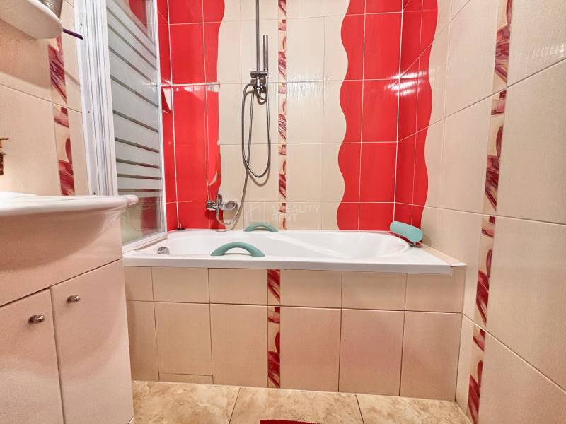 A bathroom in a 2-room apartment with red and white tiles and a bathtub.