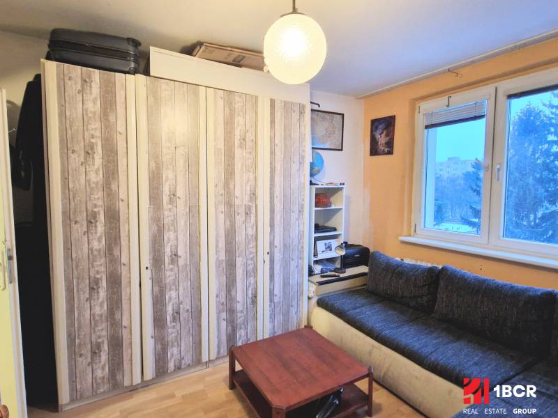 Studio apartment with wood-patterned flooring, a couch, cabinets, and a table. Minimalist interior.