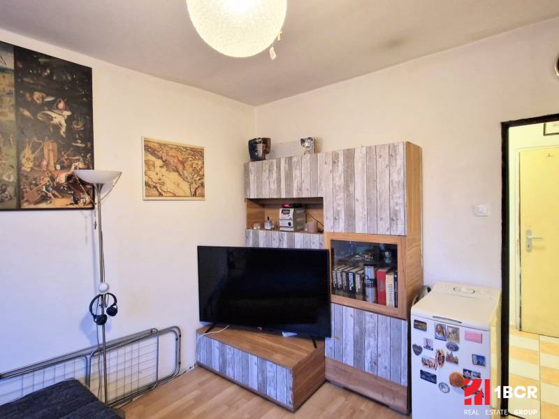 A studio apartment with wooden decor furniture, a floor lamp, and decorative paintings on the wall.