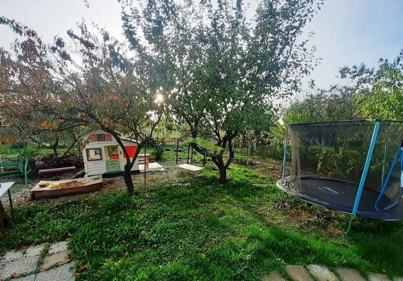 The garden at the cottage in Pozdišovce with a small house, swing, and trampoline.