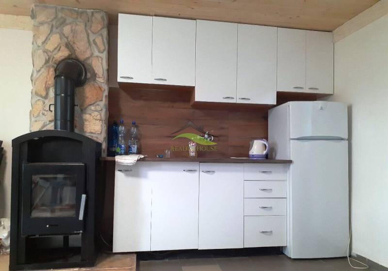 A kitchenette in a cabin with wooden decor and a wood-burning stove.