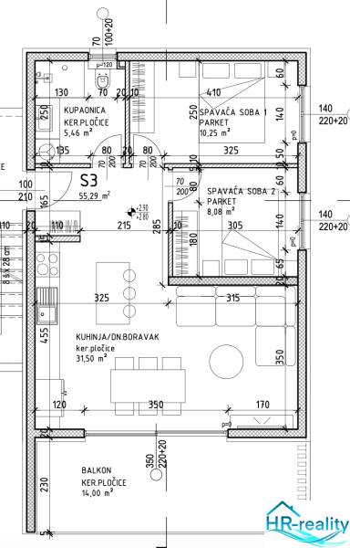 Floor plan of a holiday apartment: two bedrooms, living room with kitchen, bathroom, and balcony.