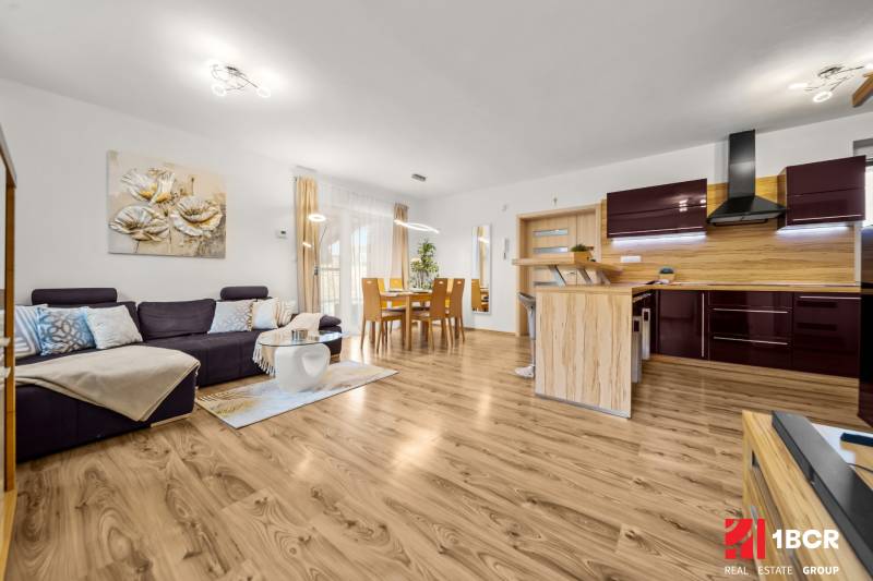 Living room and kitchen in a family house with wood-patterned flooring, comfortable couch.