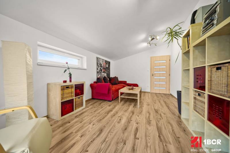 Living room in a family house with a red sofa and a wooden decor floor.