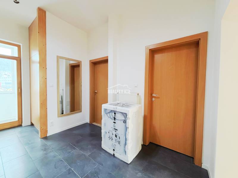 A hallway in a 2-room apartment with a dark floor and wooden doors.