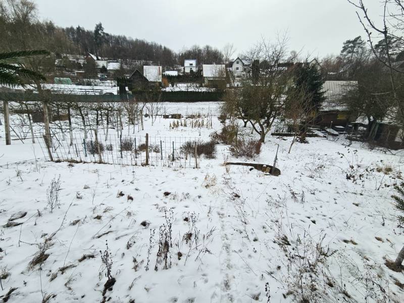 A snowy garden in Lieskovec in Dubnica nad Váhom with cottages and trees in the background.
