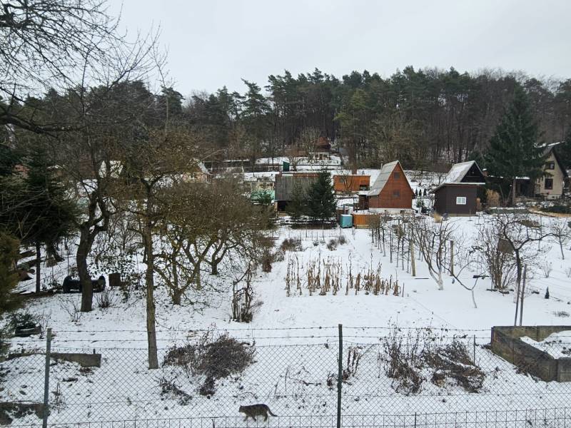 Cottages in Dubnica nad Váhom in Lieskovec, a snow-covered garden with fruit trees.