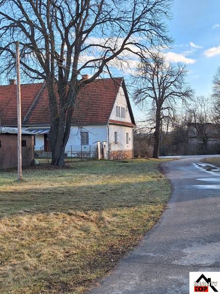 A family house in Orávka with a red roof, a large tree, and a winding road.