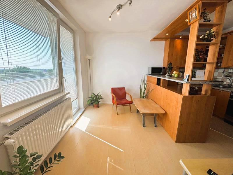 Interior of a 2-room apartment with a wooden decor floor, wooden counter, and light from the window.