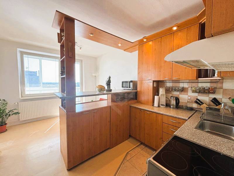 A kitchen in a 2-room apartment with a wood-patterned floor, a spacious window, and a houseplant.