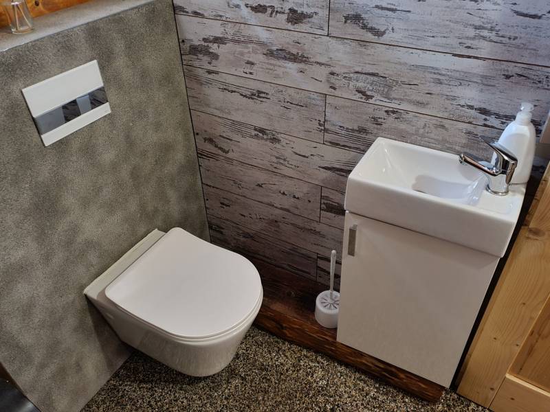A bathroom in a cabin with a toilet and a sink, complemented by a wall with a wooden decor.