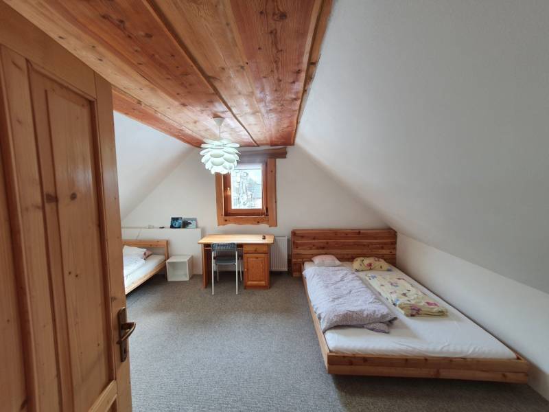 A room in a cabin with a wooden ceiling, two beds, and a table.