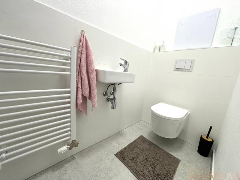 Bathroom in a 3-room apartment with a white sink, toilet, and ladder radiator.