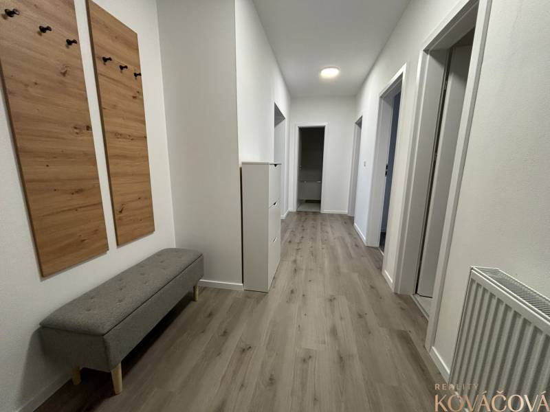 A hallway in a 3-room apartment with light-colored walls and a floor with a wood pattern.