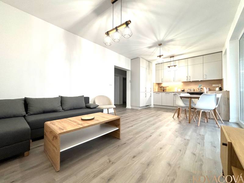 Spacious living room in a 3-room apartment with a kitchen and a floor with a wooden decor.