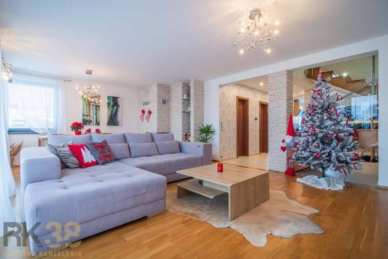 Living room of a family house with a couch, Christmas tree, and wooden decor flooring.