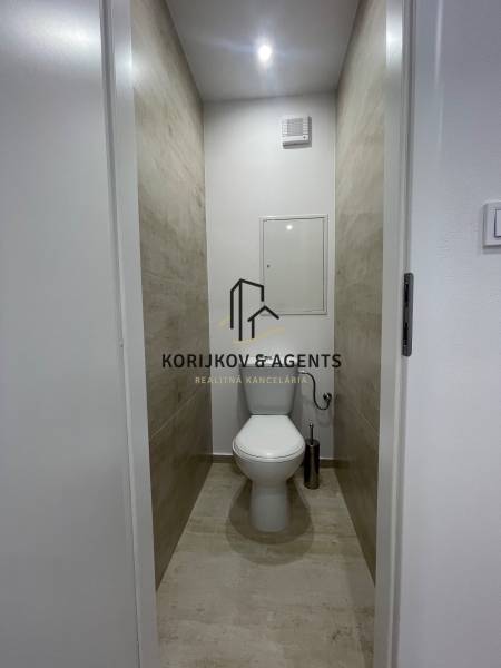 A minimalist toilet in a 3-room apartment with a wooden decor floor.