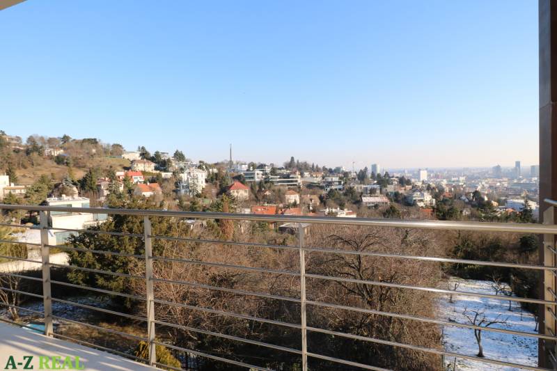 View from the balcony with railing on the city skyline of Bratislava - Old Town, Broskyňová.