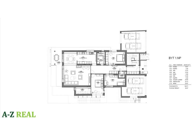 Floor plan of a 4-room apartment with a spacious living room and a terrace, garage for two cars.