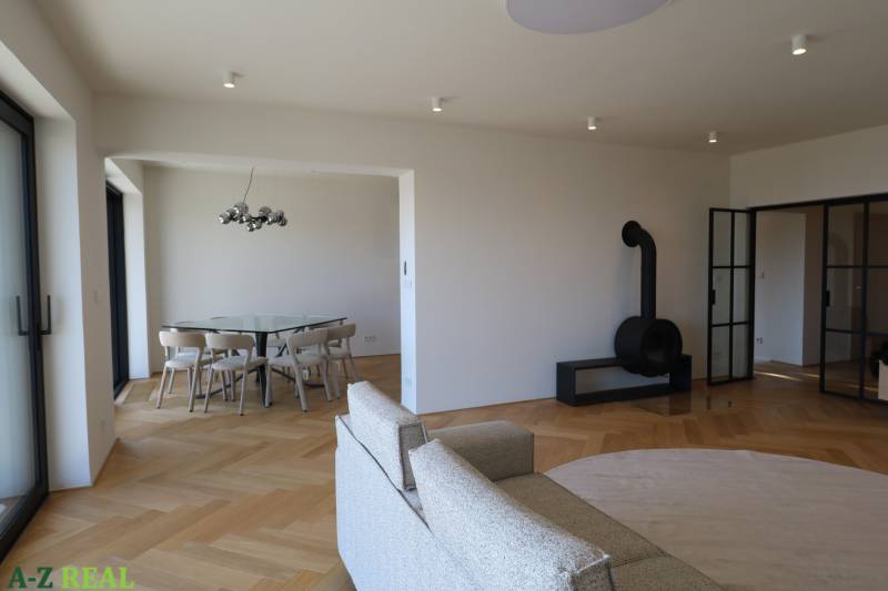 Living room of a 4-room apartment with a fireplace and a wooden decor floor.