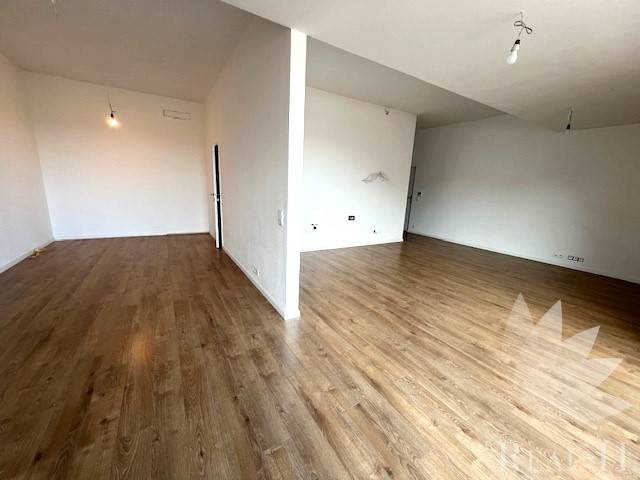 Spacious 2-room apartment with wood-patterned flooring and white walls.