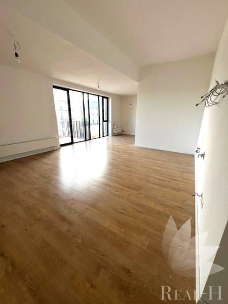Spacious living room with wood-patterned flooring in a 2-room apartment, large glazing.