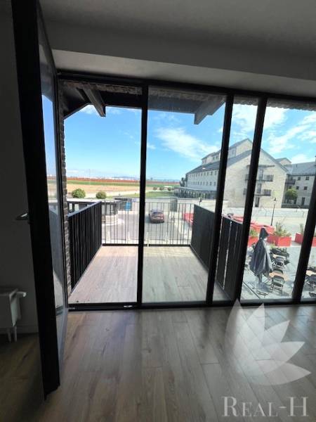 View from a 2-room apartment to a balcony with a wooden decor floor.