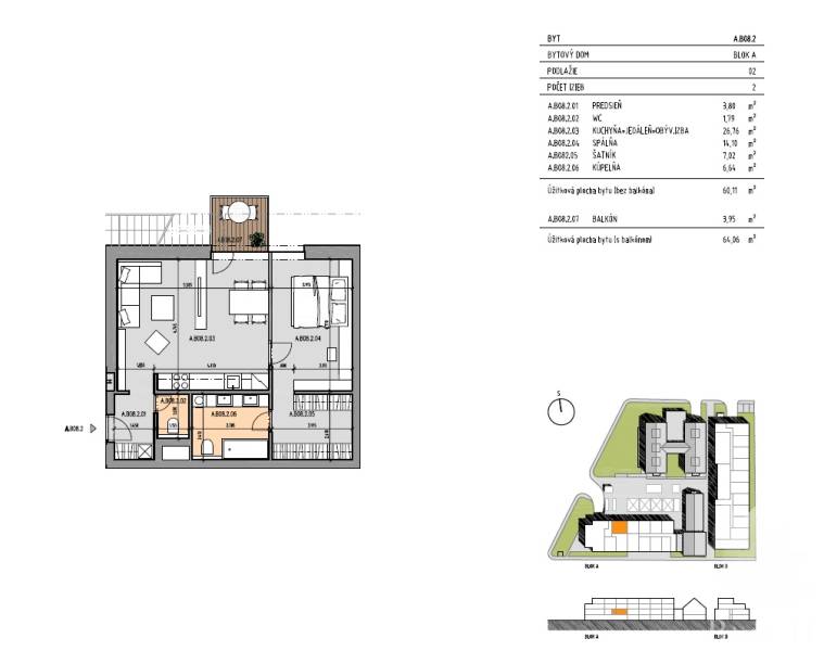 Floor plan of a 2-room apartment with a balcony, spacious living room, and wardrobe.