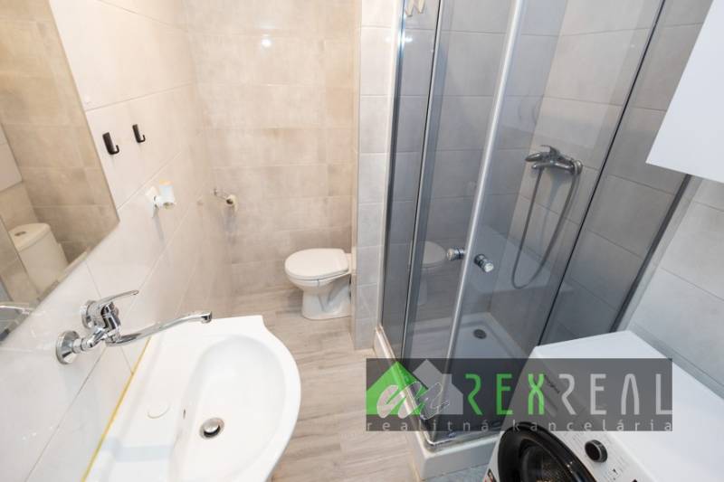 A bathroom in a 3-room apartment with a sink, shower, and washing machine.