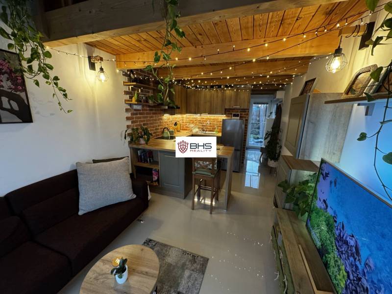 Living room with brick cladding, kitchenette, and wooden decor flooring. Warehouses and halls.