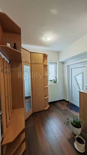 Hallway with wood-patterned flooring, built-in wardrobe, and houseplant in a family house.