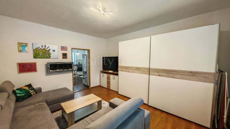 Living room in a family house with a wooden decor floor, a sofa, and paintings on the wall.