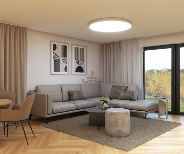 Bright living room, cozy couch, modern art, large windows, wooden floor.