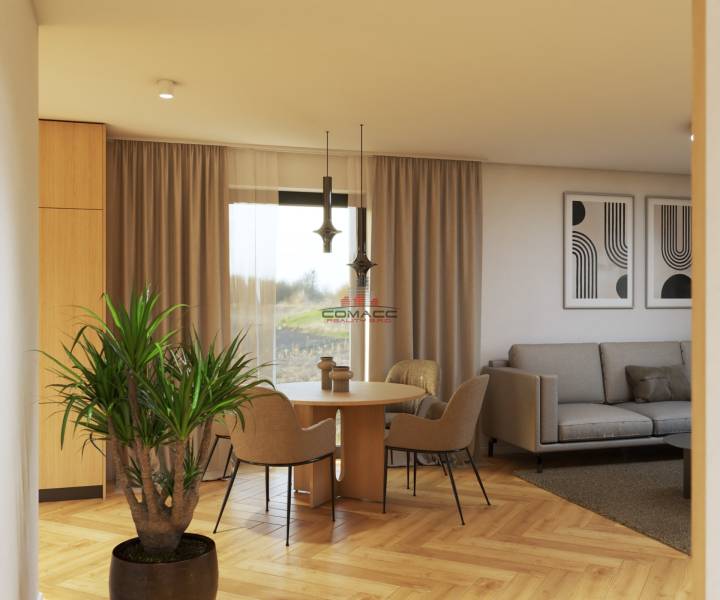 The interior of a family house on Špačince Street includes a dining table, a sofa, and decorative plants.