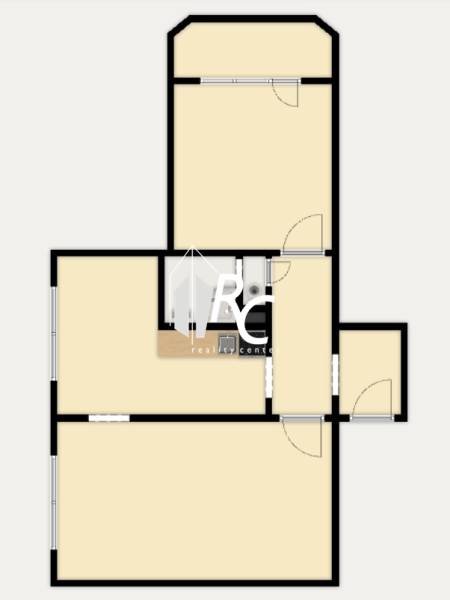 Floor plan of a 2-room apartment with room layout and furnishings.