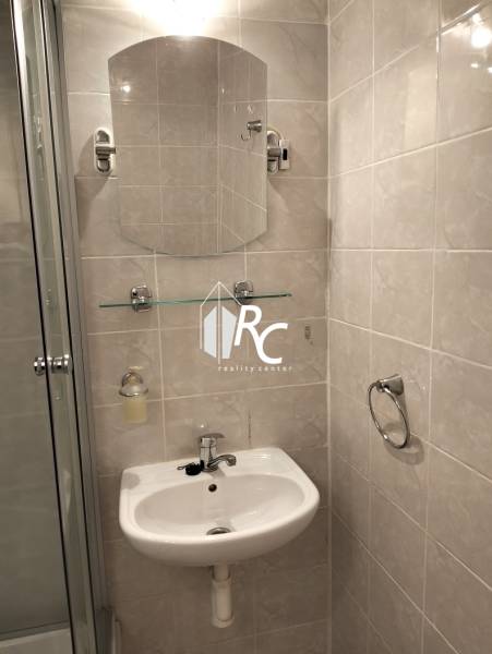 A bathroom with a sink, mirror, and shower in a 2-room apartment.