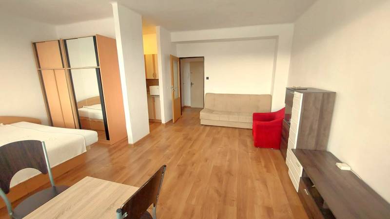 A one-room apartment with a wooden decor floor, a sofa, and a double bed.